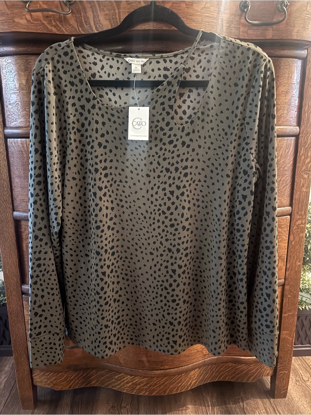 Cato Olive Green & Black Spot Print Long Sleeve Top